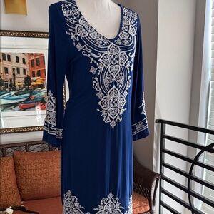 Chelsea & Theodore Royal Blue Midi Dress with White Embroidery